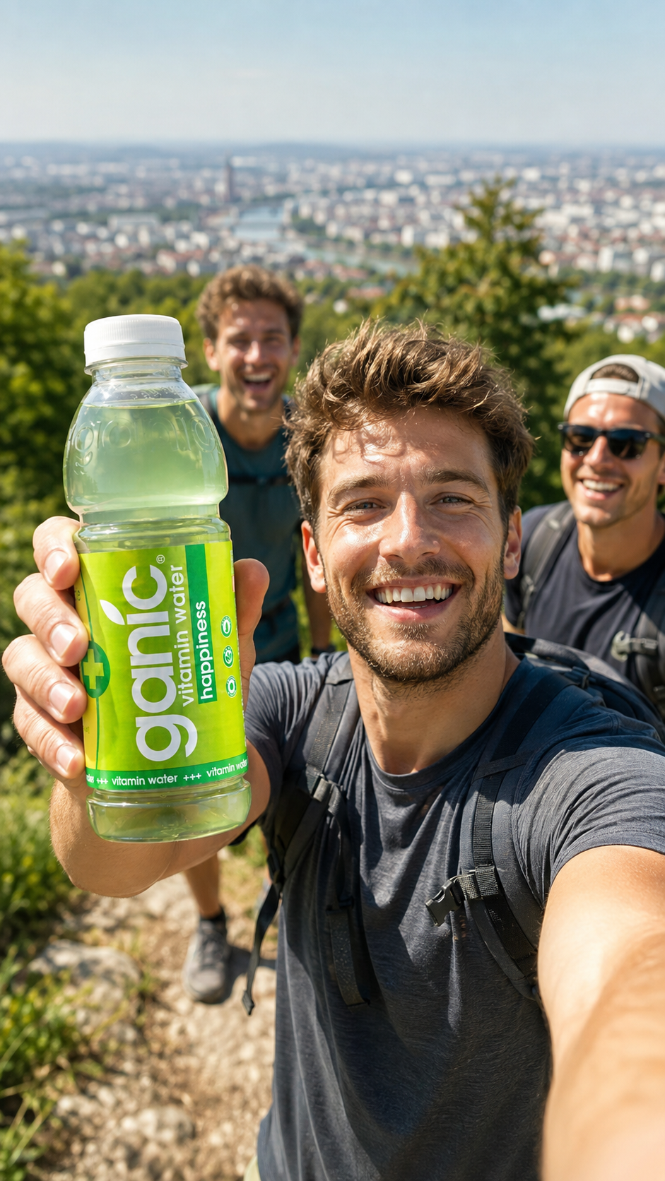 KI-generiertes Bild: ein lachender Mann hält eine Flasche Ganic Vitaminwater in die Kamera, dahinter zwei Freunde und der Blick über eine Stadt